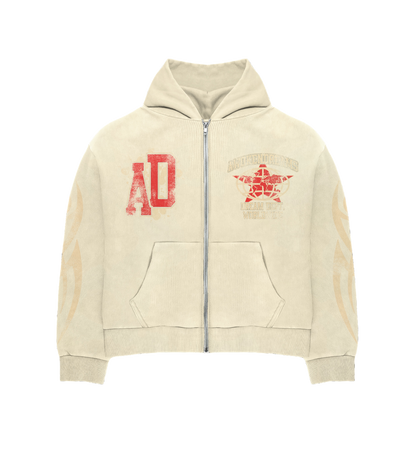 Cream Varsity Zip Hoodie