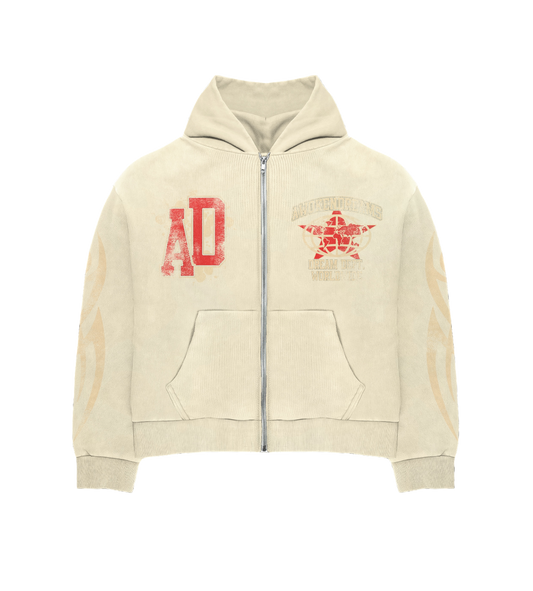 Cream Varsity Zip Hoodie